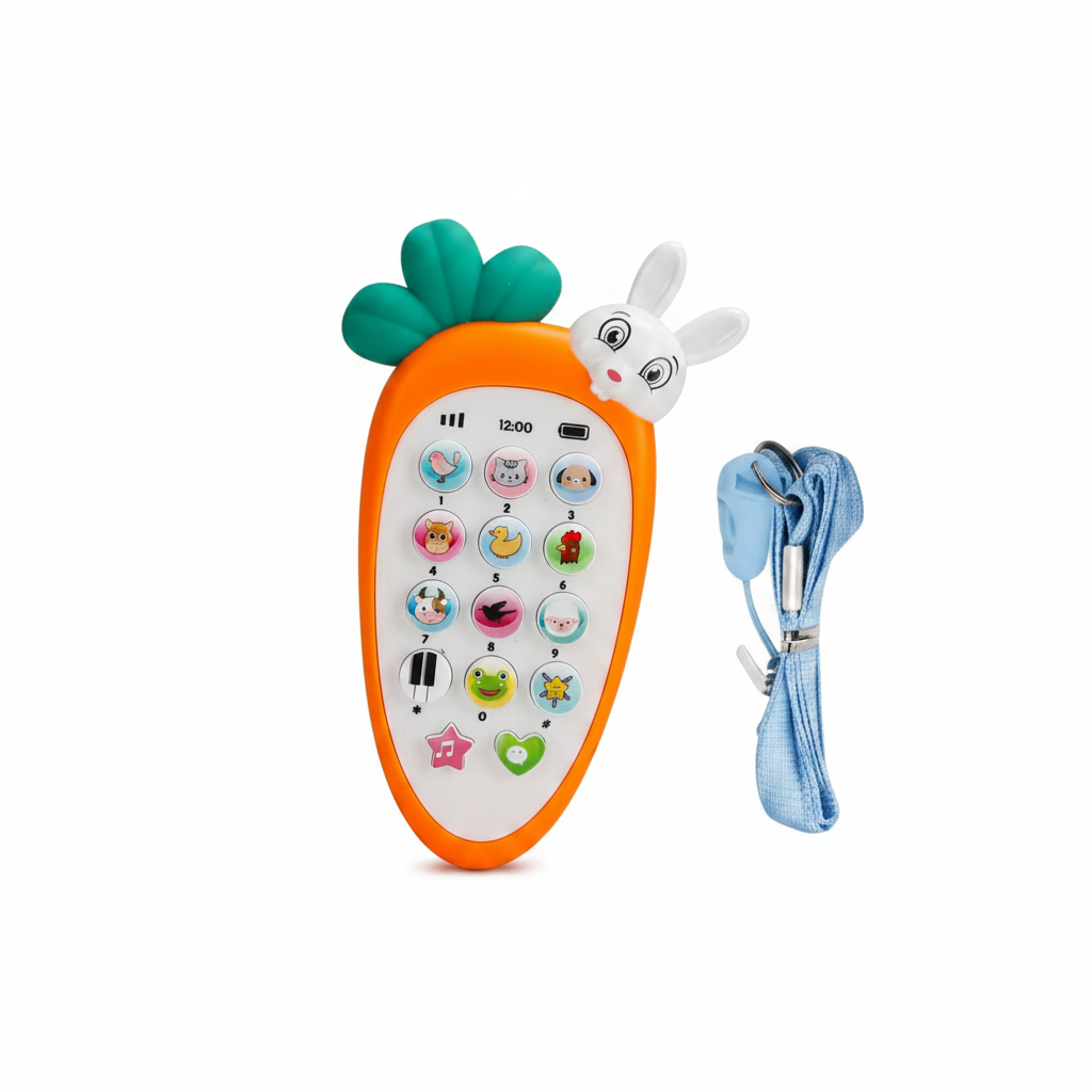 Baby carrot phone toy full package contents flat lay on white background