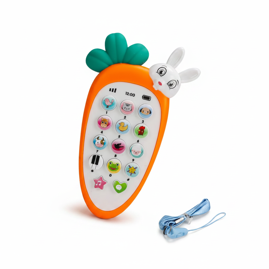 Baby carrot phone toy three-quarter angle view on white background