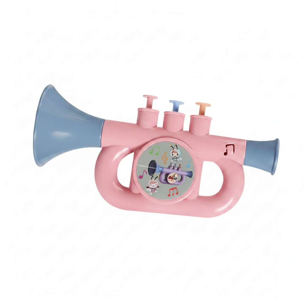 Children's toy trumpet horn side view on white background