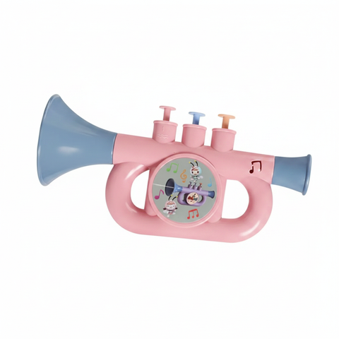 Children's toy trumpet horn side view on white background