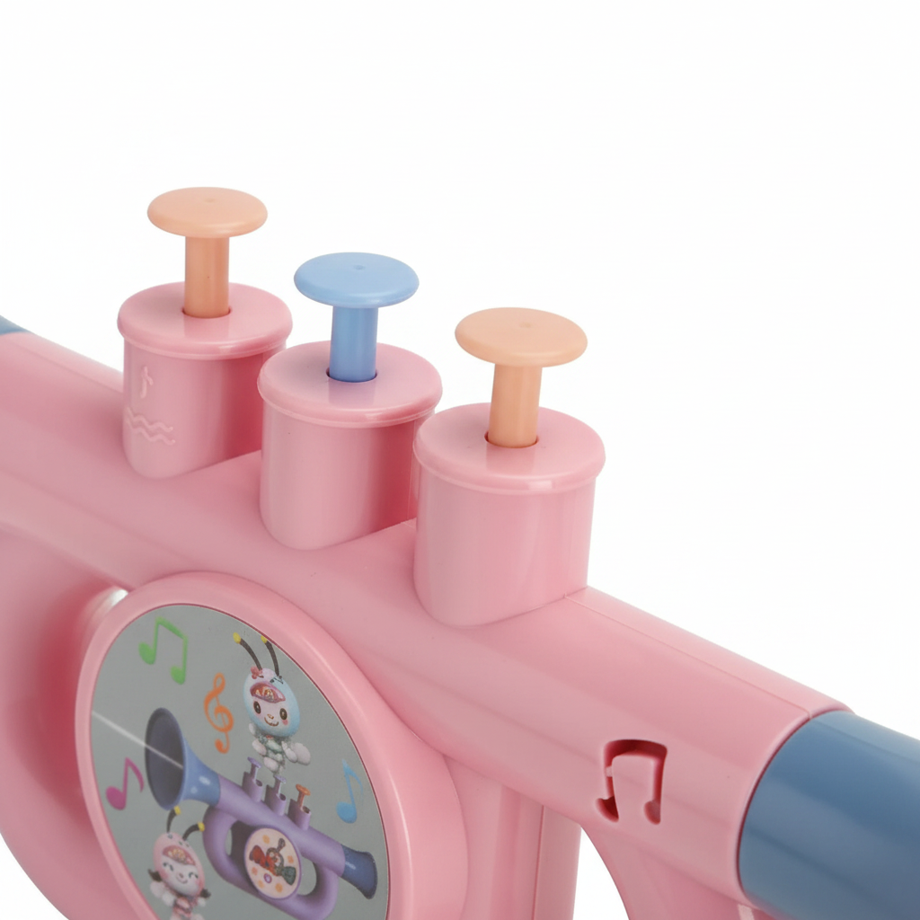Close-up detail of pink toy trumpet valves and mouthpiece on white background