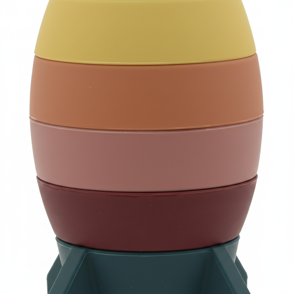 Close-up detail of silicone rocket stacking toy texture and rainbow colors