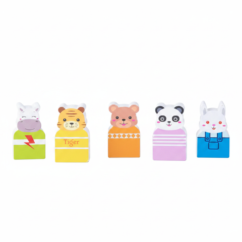 Close-up of 5 wooden animal figures hippo tiger bear panda bunny on white background