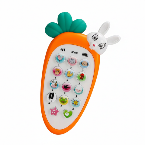 Close-up of baby carrot phone toy animal sound buttons on white background