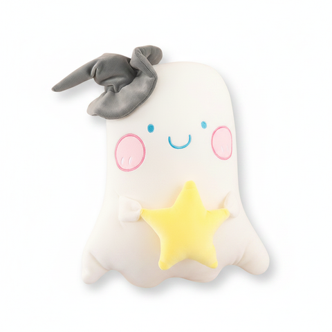 Halloween ghost plush toy top-down flat lay white background