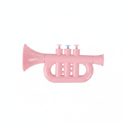 Pink kids trumpet toy flat lay top-down view on white background