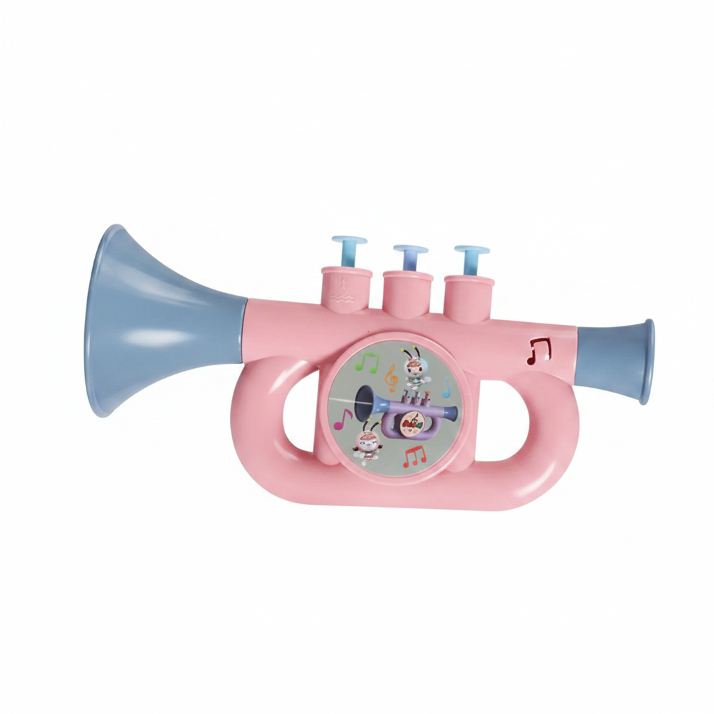 Pink kids trumpet toy horn front view on white background