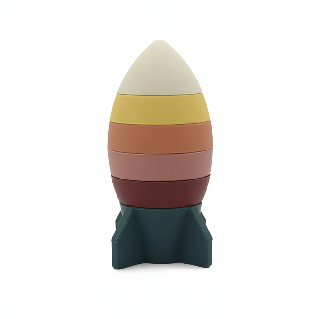 Silicone rocket stacking toy front view on white background