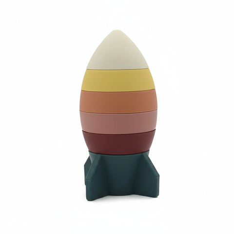 Silicone rocket stacking toy three-quarter angle view white background