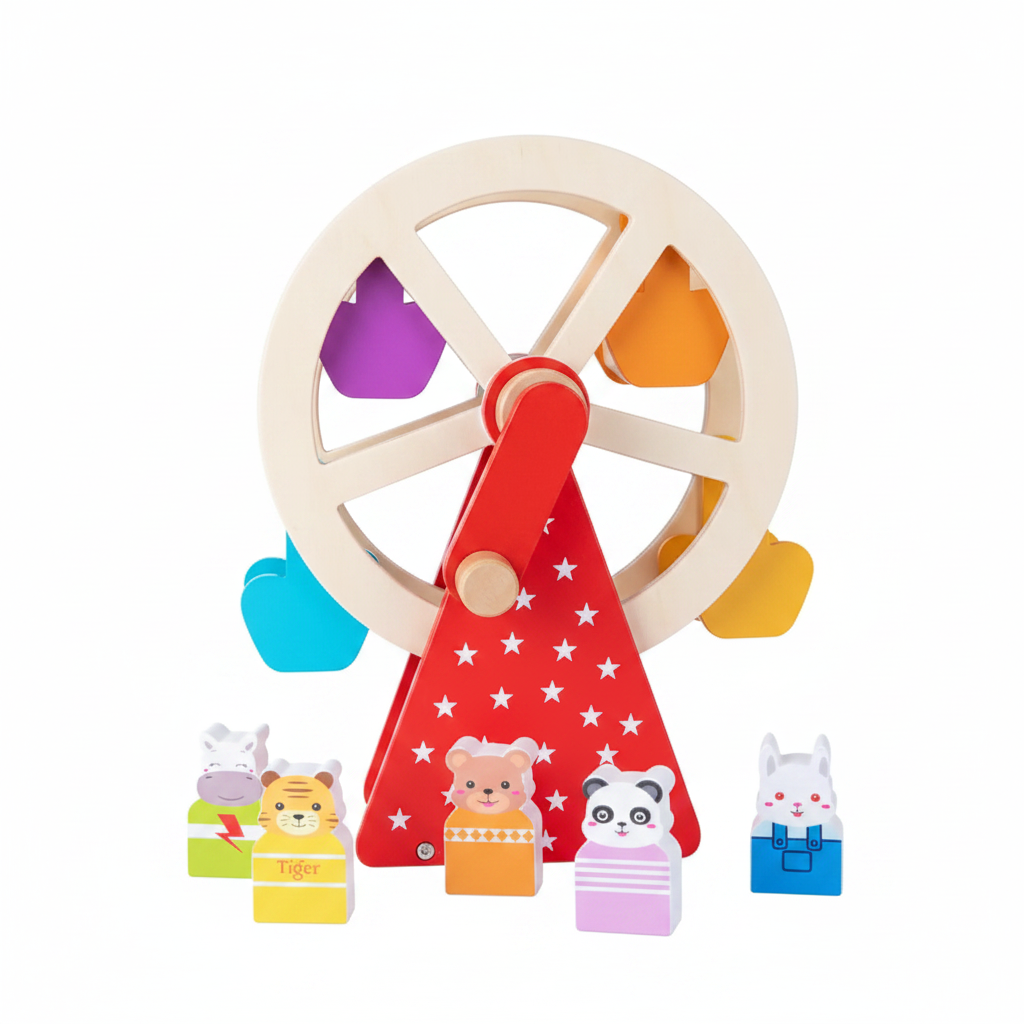 Wooden animal ferris wheel toy front view with animal figures on white background
