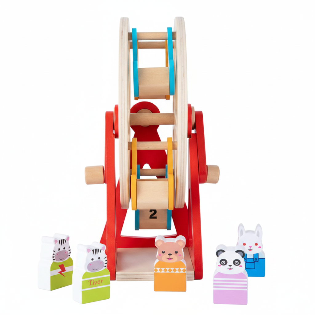 Wooden animal ferris wheel toy side profile view on white background