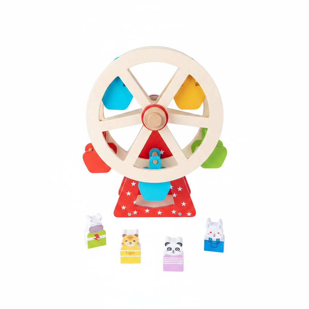 Wooden ferris wheel toy bird's eye flat lay view on white background