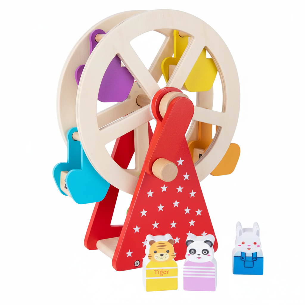 Wooden ferris wheel toy three-quarter angle view on white background